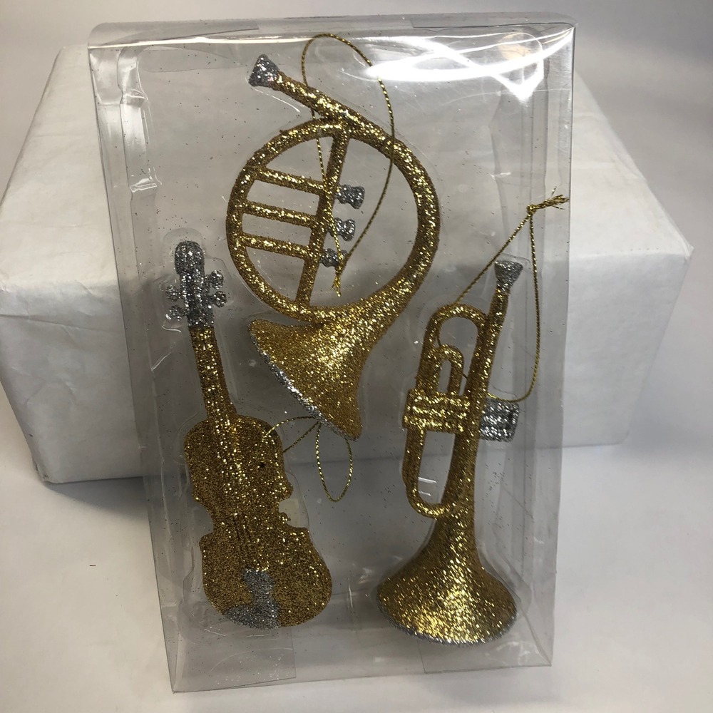 Kurt Adler 3 Musical Instrument Christmas Ornaments Glitter Gold‎ Silver NEW